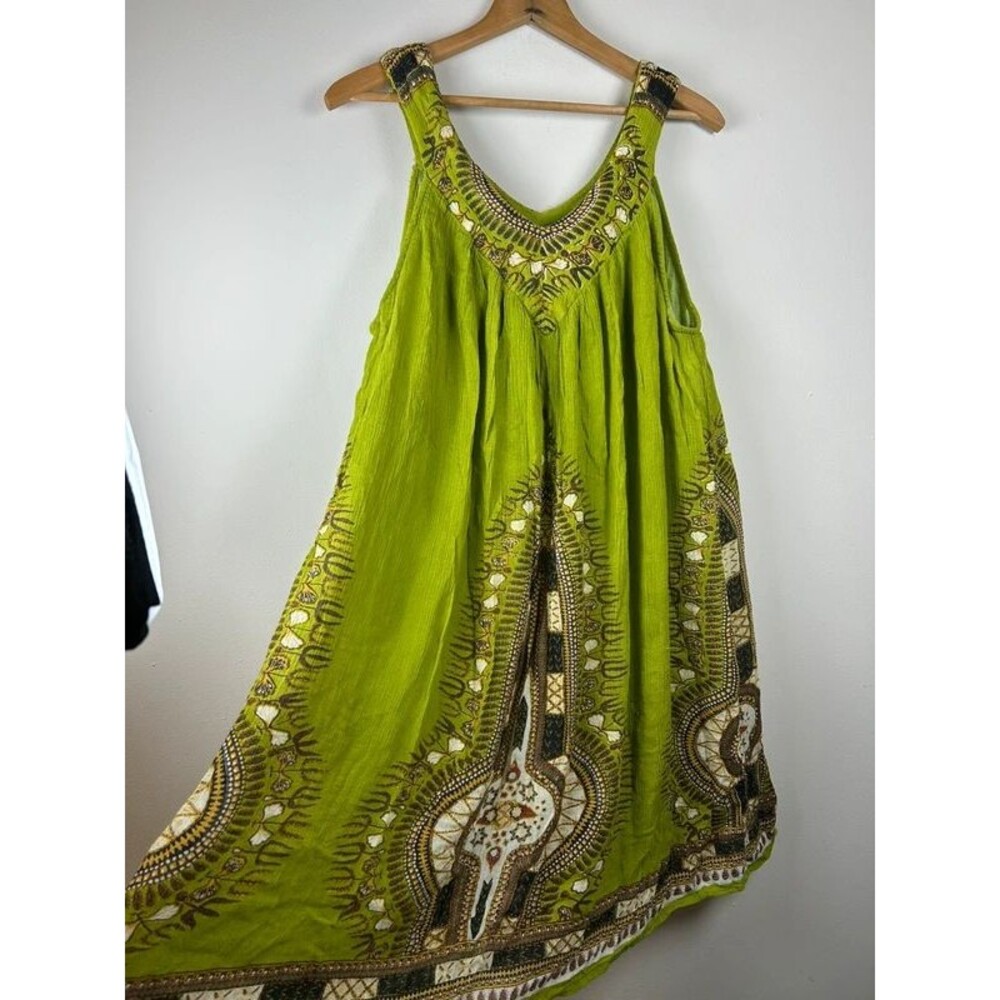 Style In Fashion Lime Green Dashiki Print Umbrella Sundress 2X Rayon Boho Muumuu